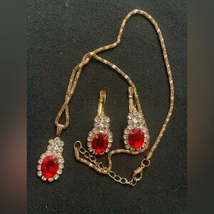 Gold and Red Jewelry W Rhinestones Necklace w Earring Set
